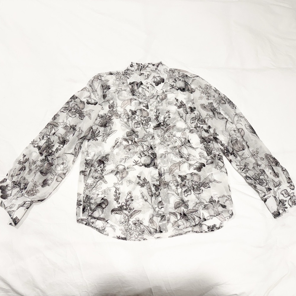 Club Monaco Silk Georgette Black and White Flower Print Blouse